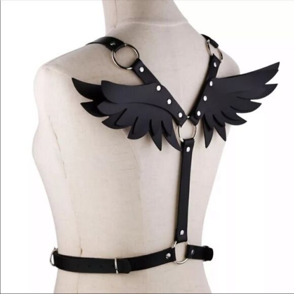 BLACK Leather Harness Angel Wing Garter Belt Waistband Slave Fetish Bondage BDSM - Picture 3 of 6